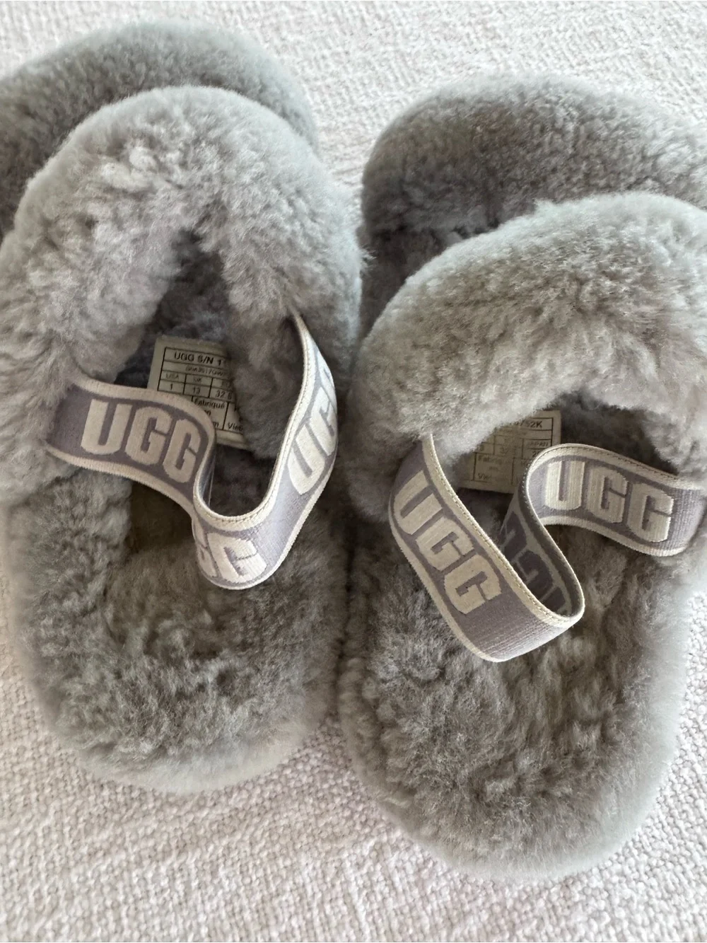 UGG Fluff Yeah Slingback Sandal Gray Logo Strap Shearling Slippers youth 1 Y1